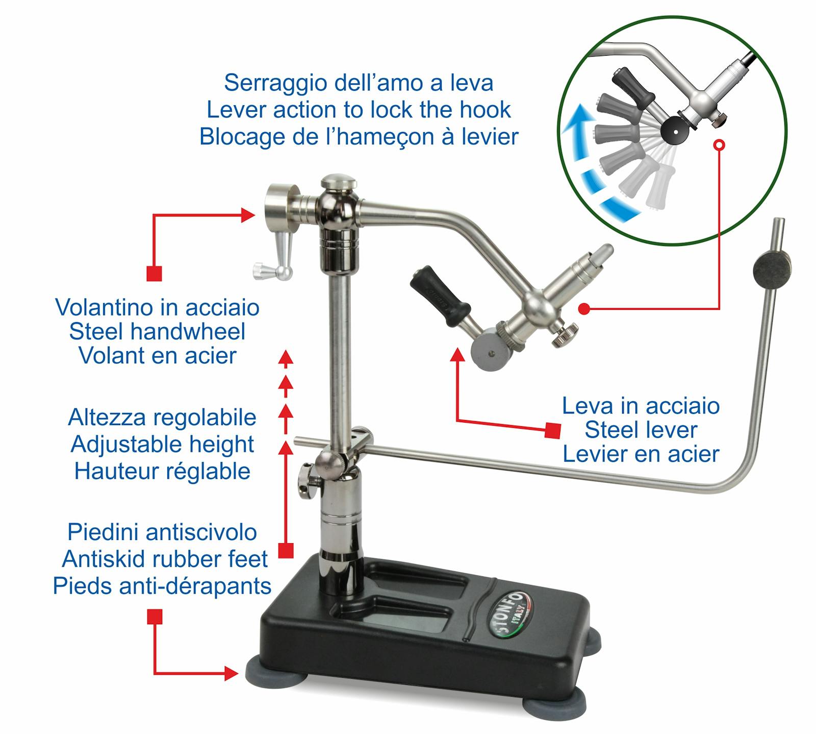 Stonfo 516 Flytec Lever Vice accessories, pedestal base and C-clamp